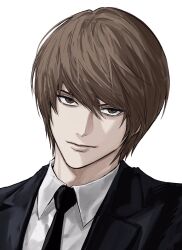  1boy brown_eyes brown_hair closed_mouth collared_shirt death_note highres jacket lapels light_smile looking_at_viewer male_focus necktie shirt short_hair simple_background solo sso_s suit_jacket white_background white_shirt yagami_light 