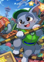  animal_focus animification arrow_(symbol) baseball_cap blue_sky commentary_request crane_(machine) dirty dirty_face dog fang green_vest grey_dog hat highres mechanical_arms mokechi open_mouth paw_patrol pawpads recycling_symbol rocky_(paw_patrol) sky solo tower vest yellow_eyes 