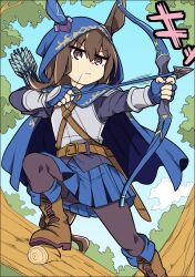  1girl admire_vega_(umamusume) animal_ears arrow_(projectile) black_pantyhose blue_gloves blue_shirt blue_skirt boots bow_(weapon) brown_boots brown_eyes brown_hair closed_mouth commentary day ear_covers fingerless_gloves foot_out_of_frame frown gloves hair_between_eyes highres holding holding_bow_(weapon) holding_weapon horse_ears horse_girl horse_tail lace-up_boots long_sleeves outdoors pantyhose pleated_skirt quiver shirt short_hair single_ear_cover skirt solo standing tail tree umamusume v-shaped_eyebrows wahiko_(black_bastard) weapon 