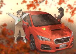  2girls arms_up brown_overalls car commentary_request falling_leaves happy highres jettoburikku leaf license_plate long_sleeves maple_leaf motor_vehicle multiple_girls original overalls red_car shoes smile sneakers standing subaru_(brand) subaru_levorg sweater teeth vehicle_focus white_shoes white_sweater 