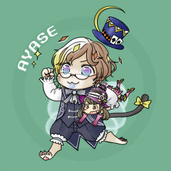  1boy 1girl :3 ace_(playing_card) ace_of_spades black_shorts black_vest blonde_hair blue_hat bow bowtie brown_eyes brown_hair card cat_tail chima_(iccachima) closed_mouth clown_(ragnarok_online) commentary_request full_body glasses green_background grey_bow grey_bowtie guillotine_cross_(ragnarok_online) hat heart heart-shaped_pupils highres multicolored_hair open_mouth playing_card purple_hat ragnarok_masters ragnarok_online semi-rimless_eyewear shirt short_hair shorts smile spade_(shape) split-color_hair striped_bow striped_bowtie striped_clothes symbol-shaped_pupils tail tail_bow tail_ornament top_hat under-rim_eyewear vest violet_eyes white_shirt yellow_bow 