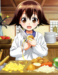  1girl :d absurdres anime_coloring apple apron artist_request basket blue_sailor_collar blush brown_eyes brown_hair carrot collarbone cookie day fang flower food fruit highres holding holding_knife holding_potato indoors kappougi kitchen kitchen_knife knife long_sleeves looking_at_viewer mixing_bowl miyafuji_yoshika newtype official_art onion peeling plate plate_stack potato potato_peel sailor_collar short_hair smile solo standing strike_witches third-party_source vase white_apron window wooden_ceiling world_witches_series yellow_flower 