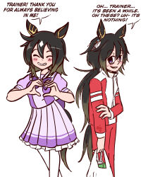  1girl absurdres animal_ears bag black_hair blush bow bowtie brown_hair closed_eyes dirty dirty_clothes ear_covers ear_ornament english_text hair_between_eyes heart highres holding holding_bag horse_ears horse_girl horse_tail jacket long_hair looking_at_viewer multicolored_hair open_mouth pants ponytail puffy_short_sleeves puffy_sleeves purple_bow purple_bowtie purple_serafuku purple_shirt purple_skirt red_jacket red_pants red_track_suit sailor_collar sailor_shirt school_uniform serafuku shirt shopping_bag short_sleeves simple_background skirt smile speech_bubble spoken_heart starlinkman stay_gold_(umamusume) streaked_hair sweat tail thigh-highs tracen_school_uniform tracen_training_uniform track_jacket track_pants track_suit umamusume violet_eyes white_background white_hair white_sailor_collar white_thighhighs 