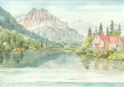  commentary_request day forest lake landscape mountain mountainous_horizon nature no_humans original outdoors painting_(medium) paruperu reflection reflective_water scenery traditional_media water watercolor_(medium) 