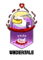  0_0 1girl 1other 2016 2d ? ambiguous_gender animal animal_ears annoying_dog anthro barefoot brick_wall digital_media dog droopy_ears fangs female floppy_ears food food_in_mouth frog froggit furry furry_female ghost goat goat_ears goat_girl goat_horns heart horns mammal monster monster_girl napstablook nnbadbear petals pie red_petals simple_background toriel undertale utdr_(toby_fox) wall white_dog white_fur white_horns 