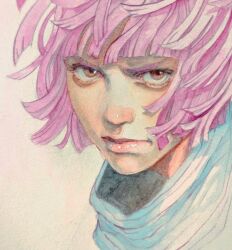  1girl blunt_bangs blunt_ends highres hot_pants_(sbr) jojo_no_kimyou_na_bouken looking_at_viewer painting_(medium) pink_eyes pink_hair portrait scarf short_hair solo steel_ball_run traditional_media umasandaa watercolor_(medium) 