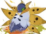  alternate_color animal_focus artist_name bug commentary english_commentary full_body green_eyes holding holding_leaf leaf no_humans pokemon pokemon_(creature) shiny_pokemon signature solo twitter_username volcarona zen_(koko) 