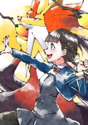  1girl blunt_bangs branch brown_hair commentary crossover delphox fire green_eyes highres long_hair looking_at_another love_live! love_live!_superstar!! mega_delphox orange-pengin pokemon pokemon_(creature) pokemon_legends:_z-a red_eyes sakurakoji_kinako school_uniform upper_body yuigaoka_school_uniform 