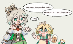  2girls @_@ alcohol aqua_eyes ascot bare_shoulders beer beer_mug blonde_hair blush_stickers braid button_nose cecilia_immergold cecilia_immergreen chibi colored_inner_hair corset cup detached_collar detached_sleeves dirndl doll doll_joints double-parted_bangs english_commentary flower fongban_illust frilled_sleeves frills german_clothes gold_trim green_corset green_hair grey_hair hair_between_eyes hair_flower hair_ornament hand_up hololive hololive_english joints long_sleeves mug multicolored_hair multiple_girls otomo_(cecilia_immergreen) pointing pointing_up red_ascot red_streaks robot short_hair side_braid simple_background surprised sweatdrop virtual_youtuber winding_key 