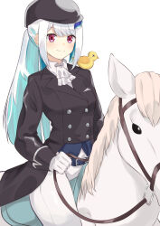  1girl absurdres alternate_costume animal_on_shoulder aqua_hair ascot bird bird_on_shoulder black_coat black_hat blush breasts buttons closed_mouth coat colored_inner_hair commentary_request cowboy_shot double-breasted gloves hair_ornament hat highres holding holding_reins horseback_riding lize_helesta long_hair long_sleeves looking_at_viewer monocle multicolored_hair nijisanji pants pocket_square ponytail reins riding riding_outfit sebastian_piyodore sidelocks simple_background sleeve_cuffs small_breasts smile tailcoat very_long_hair viet_(yomi0556) violet_eyes virtual_youtuber white_ascot white_background white_gloves white_hair white_horse white_pants yellow_bird 