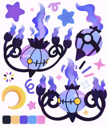 blue_fire chandelier chandelure crescent_moon fire full_body moon no_humans pokemon pokemon_(creature) pokemon_focus puffychii purple_fire star_(symbol) yellow_eyes 