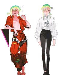  1boy absurdres ascot barefoot blue_eyes cigarette clothing_request copyright_request highres long_hair looking_at_viewer open_overalls overalls ponytail red_overalls shirt simple_background smile smoke so-rann solo teeth white_background 