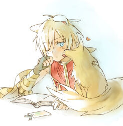  1boy animal_ears arutopian blonde_hair blue_eyes book closed_mouth commentary_request detached_sleeves dog_boy dog_ears expressionless fingerless_gloves fox gloves grey_gloves heart looking_at_viewer male_focus professor_(ragnarok_online) ragnarok_online reading red_shirt shirt short_hair simple_background sleeveless sleeveless_shirt solo striped_sleeves upper_body white_background white_sleeves yellow_sleeves 