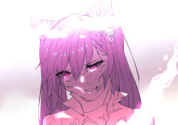  2girls beaten blurry blurry_background bridal_gauntlets bruise captured cheek_squash collarbone damaged defeat electricity fare female_pov genshin_impact hair_between_eyes hands_on_another&#039;s_cheeks hands_on_another&#039;s_face head_tilt highres implied_yuri injury keqing_(genshin_impact) mixed-language_commentary monochrome multiple_girls partially_colored pov pov_hands purple_hair raiden_shogun restrained shade smile solo_focus teeth twintails upper_body violet_eyes 