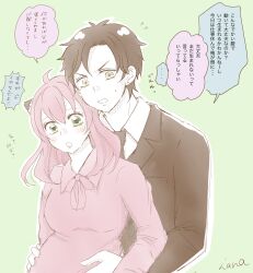  1boy 1girl aged_up anya_(spy_x_family) black_hair commentary_request damian_desmond dress earrings green_eyes hairpods hana_(hanauta1110) highres jacket jewelry necktie pink_dress pink_hair pregnant signature spy_x_family stud_earrings suit suit_jacket sweatdrop 