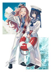  2girls black_hair black_shoes blue_eyes blue_ribbon blue_sailor_collar brown_hair closed_eyes clouds cloudy_sky hair_ribbon hat highres holding holding_telescope humanization jewelry lifebuoy long_hair long_sidelocks looking_at_another multiple_girls neckerchief necklace original pants ribbon sailor sailor_collar sailor_hat sailor_shirt salute shirt shoes short_hair sidelocks signature sky soramaru_ell sparkle spyglass swim_ring telescope twitter_username water watermark whistle whistle_around_neck white_pants 