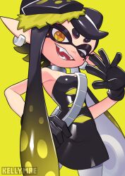  +_+ 1girl absurdres artist_name bandolier belt black_dress black_gloves black_hair blonde_hair bow-shaped_hair callie_(splatoon) choker commentary cowboy_shot dress earrings fangs food food_on_head gloves gradient_hair grey_choker hand_on_own_hip highres inkling jewelry kellymae long_hair looking_at_viewer mole mole_under_eye multicolored_hair object_on_head one_eye_closed open_mouth orange_pupils pantyhose pointy_ears short_dress short_eyebrows simple_background smile solo splatoon_(series) splatoon_3 standing strapless strapless_dress sushi swept_bangs tentacle_hair thick_eyebrows twintails twitter_username very_long_hair waving white_pantyhose yellow_background yellow_eyes 