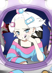  1girl absurdres applying_makeup bare_shoulders bass_guitar blue_eyes closed_mouth commentary_request eyelashes freckles hair_bobbles hair_ornament hairclip harubaru_(yucm2375) highres indoors instrument long_sleeves mirror pokemon pokemon_(creature) pokemon_bw2 roxie_(pokemon) scolipede striped_clothes topknot white_hair 