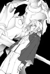  1boy ascot asticassia_school_uniform black_background closed_mouth commentary cowboy_shot earrings elan_ceres greyscale gundam gundam_pharact gundam_suisei_no_majo hair_between_eyes highres jewelry layered_sleeves male_focus mecha mobile_suit monochrome n_ep_tune2 robot school_uniform science_fiction short_hair shorts sidelocks solo tassel tassel_earrings white_ascot white_shorts 