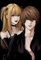  1boy 1girl amane_misa black_background black_choker black_shirt blonde_hair brown_eyes brown_hair choker closed_mouth collared_shirt death_note hair_between_eyes highres jewelry lips long_hair looking_at_viewer necklace open_clothes open_shirt red_lips shirt short_twintails simple_background sleeveless sso_s twintails upper_body yagami_light 