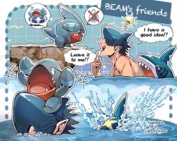  +++ 1boy arms_up beam_(chainsaw_man) black_hair chainsaw_man clouds cloudy_sky commentary_request english_text finger_to_mouth gible highres image_in_speech_bubble image_in_thought_bubble light_bulb looking_at_another male_focus mtkg_05 ocean open_mouth partially_submerged pointy_ears pokemon pokemon_(creature) red_eyes riding shark_boy shark_fin shark_head sharp_teeth sharpedo short_hair sky speech_bubble standing swimming teeth thought_bubble tongue water 