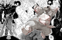  1girl apron axe blood blood_on_clothes blot_plot boots butcher commentary_request extra_eyes full_body gloves goat_horns greyscale holding holding_axe holding_pencil horns kankan33333 karune_(kankan33333) korone_(kankan33333) mask monochrome monochrome_background monster monster_boy monster_girl mouth_mask original pencil plague_doctor_mask pointing short_hair spot_color stitched_face stitches sword sword_on_back weapon weapon_on_back 