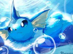  air_bubble animal_focus blue_eyes blue_fur blue_sclera bubble closed_mouth colored_sclera fins highres no_humans pokemon pokemon_(creature) pokemon_focus polynimuri solo swimming tail underwater vaporeon water 