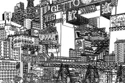  absurdly_detailed_composition absurdres bridge building cityscape coca-cola commentary_request complex_exterior greyscale highres lineart monochrome no_humans original pen_(medium) scenery sign traditional_media translation_request yamaguti 