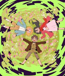  1girl 2boys armin_arlert black_hair blonde_hair blue_eyes blue_jacket brown_hair brown_jacket brown_shirt brown_shoes cardigan child closed_mouth collared_shirt dress eren_yeager flower full_body green_eyes grey_eyes grey_pants hair_between_eyes highres jacket kiwie_marinep long_hair lying mikasa_ackerman multiple_boys on_back open_mouth outstretched_arms pants pink_cardigan pink_flower red_scarf scarf shingeki_no_kyojin shirt shoes short_hair shorts smile socks white_dress white_shirt white_socks yellow_shorts 