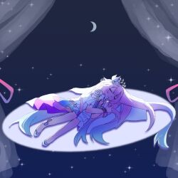  1girl 524_konnn aqua_hair commentary_request crescent_moon cyrene_(honkai:_star_rail) cyrene_(ripples_of_past_reverie)_(honkai:_star_rail) dress flower hair_flower hair_ornament highleg highres honkai:_star_rail honkai_(series) long_hair lying moon multicolored_hair on_side pink_hair solo spotlight very_long_hair white_dress white_hair 