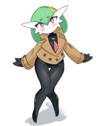  1girl black_bodysuit blush bob_cut bodysuit brown_jacket clothed_pokemon colored_skin cosplay emma_(pokemon) emma_(pokemon)_(cosplay) gardevoir green_hair highres jacket looking_at_viewer m3_(gardevoir_m3) pink_eyes pokemon pokemon_(creature) pokemon_legends:_z-a simple_background white_background white_skin 