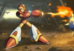  1boy android arm_cannon armor bat_(animal) batton_bone_(mega_man) bodysuit boots closed_mouth commentary_request fire firing from_side gloves green_eyes hand_on_own_arm helmet highres hoshi_mikan male_focus mega_man_(series) mega_man_x1 mega_man_x_(series) non-humanoid_robot official_alternate_color outdoors robot robot_animal serious solo_focus spikes spiky_(mega_man) standing weapon white_gloves x_(mega_man) yellow_bodysuit yellow_helmet 