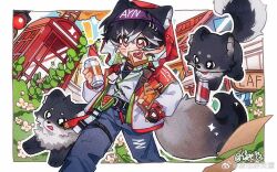  ! 1boy animal_ears ayn_alwyn ayn_alwyn_(spirit_world) bag baguette belt belt_buckle black_belt black_gloves black_hair black_shirt blue_pants border bread bread_slice buckle building bush can chinese_commentary croissant crossed_bangs day deformed dog_tags drink_can extra_ears feet_out_of_frame fingerless_gloves flower food food_in_mouth gloves grocery_bag hair_between_eyes headband heart highres holding holding_bag holding_can holographic_clothing hood hood_up hooded_jacket jacket ling_ye_shufulei long_sleeves lovebrush_chronicles male_focus mouth_hold multicolored_hair multicolored_jacket official_alternate_costume open_clothes open_jacket outdoors outline outside_border pants paper paper_bag phone_booth plant purple_headband red_eyes red_jacket shirt shopping_bag streaked_hair tail thigh_strap toast toast_in_mouth traffic_light tree two-sided_fabric two-sided_jacket two-tone_jacket undershirt vines watermark weibo_watermark white_border white_flower white_hair white_jacket white_outline white_shirt wing_collar wolf wolf_boy wolf_ears wolf_tail 