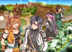  2boys 2girls absurdres ahoge antenna_hair black_gloves black_hair blurry blurry_background breasts brown_gloves brown_hair bush closed_mouth coat collarbone commission cropped_jacket curtained_hair double-parted_bangs eiyuu_densetsu english_commentary estelle_bright fingerless_gloves gloves hair_between_eyes hair_intakes hajimari_no_kiseki hands_on_own_hips highres jacket jewelry joshua_bright kuro_no_kiseki_(series) kuro_no_kiseki_ii large_breasts long_hair long_sleeves mullet multiple_boys multiple_girls open_mouth original outdoors parted_bangs pendant pendant_choker purple_hair renne_(eiyuu_densetsu) skirt smile twintails very_long_hair yellow_eyes yuzukiyo 