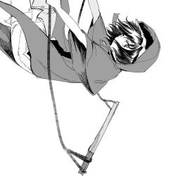  1other buttons coattails collared_shirt covered_mouth cowboy_shot detached_hood expressionless falling frilled_hat frilled_shorts frills greyscale hat highres hood hood_up hooded_jacket jacket len&#039;en long_sleeves looking_at_viewer mob_cap monochrome open_clothes open_jacket puffy_shorts shirt shitodo_kuroji short_hair shorts simple_background solo swing three-quarter_sleeves white_background wide_sleeves yancao_(pixiv_103434280) 