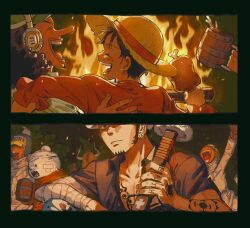  6+boys arm_around_shoulder arm_tattoo arm_up bepo_(one_piece) black_hair boned_meat celebration chest_tattoo closed_mouth coat cup curly_hair earrings facial_hair fire food goatee hand_tattoo happy hat headphones highres holding holding_cup holding_food holding_sword holding_weapon jewelry long_nose long_sideburns looking_at_another male_focus meat monkey_d._luffy multiple_boys one_piece open_mouth penguin_(one_piece) qwwwwww48423 red_shirt scar scar_on_face shachi_(one_piece) shirt short_hair sideburns straw_hat sword tattoo trafalgar_law usopp weapon white_coat 