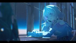  1girl absurdres black_choker black_gloves blue_eyes blue_jacket bra_strap choker film_grain gloves gradient_clothes gradient_jacket hand_on_own_face highres honkai:_star_rail honkai_(series) jacket long_sleeves march_7th_(honkai:_star_rail) march_7th_(preservation)_(honkai:_star_rail) medium_hair off-shoulder_jacket off_shoulder open_mouth partially_fingerless_gloves pink_hair pink_jacket quragenomiken shirt signature solo tied_jacket underbust white_shirt 