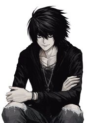  1boy alternate_costume bags_under_eyes black_eyes black_hair cross cross_necklace crossed_arms death_note hair_between_eyes highres jewelry l_(death_note) long_sleeves looking_at_viewer male_focus necklace pants short_hair simple_background sitting smile solo sso_s torn_clothes torn_pants white_background 