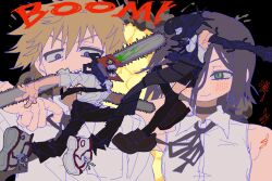  2boys 2girls :d apron bare_shoulders black_apron black_background black_choker black_gloves black_hair black_necktie black_pants black_ribbon black_skirt black_thighhighs blonde_hair blush bomb_devil_(chainsaw_man) breasts brown_eyes brown_shoes chainsaw chainsaw_devil chainsaw_man choker closed_mouth collared_shirt denji_(chainsaw_man) double-parted_bangs dual_persona elbow_gloves explosion facing_another flower gloves green_eyes hair_between_eyes hand_up highres jwnn loafers looking_at_viewer medium_hair miniskirt multiple_boys multiple_girls neck_ribbon necktie object_head open_mouth outstretched_arms over-kneehighs pants reze_(chainsaw_man) ribbon sharp_teeth shirt shoelaces shoes short_hair side_slit simple_background skirt sleeveless sleeveless_shirt small_breasts smile sneakers teeth thigh-highs upper_body upper_teeth_only v-shaped_eyebrows white_shirt white_shoes 