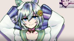  1girl animal_ears arms_behind_head blue_eyes bow brown_choker choker ear_bow ear_covers english_commentary flower grey_hair hair_between_eyes hair_flower hair_ornament hairclip highres horse_ears horse_girl josh_hutcherson josh_hutcherson_whistle_edit_(meme) looking_at_viewer meme open_mouth photo-referenced photo_inset seiun_sky_(reeling_in_the_big_one)_(umamusume) seiun_sky_(umamusume) shirt short_hair single_ear_cover smile solo sunflower sunflower_hair_ornament umamusume 