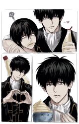  1boy black_hair character_request chopsticks gintama grey_eyes hair_between_eyes heart heart_hands highres hijikata_toushirou kondou_isao looking_at_viewer male_focus mayonnaise_bottle short_hair sso_s turn_pale 