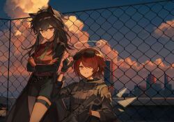  2girls animal_ears arknights black_coat black_gloves black_hair black_jacket black_shorts building chain-link_fence chinese_commentary coat commentary_request crisa940 crossed_arms day detached_wings evening exusiai_(arknights) eyes_visible_through_hair eyewear_on_head fence gloves green_necktie gun hair_between_eyes hair_over_one_eye halo highres holding holding_gun holding_weapon jacket long_hair long_sleeves mouth_hold multiple_girls necktie official_alternate_costume open_clothes open_coat orange_eyes orange_gloves orange_hair orange_shirt outdoors shirt short_hair shorts striped_clothes striped_shorts sunglasses texas_(arknights) texas_(willpower)_(arknights) thigh_strap traditional_halo vertical-striped_clothes vertical-striped_shorts weapon wings wolf_ears wolf_girl yellow_halo 