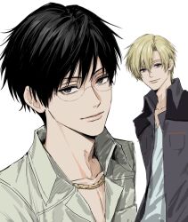  2boys black_hair black_shirt blonde_hair brown_eyes closed_mouth collarbone collared_shirt glasses grey_shirt highres jewelry lips looking_at_viewer male_focus multiple_boys necklace ootori_kyouya ouran_high_school_host_club parted_bangs pocket round_eyewear shirt short_hair simple_background sso_s suou_tamaki v-neck violet_eyes white_background white_shirt 