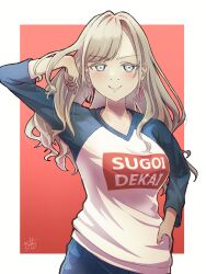 1girl absurdres adjusting_hair blue_eyes blue_shorts blue_sleeves breasts ceras_yanagida_lilienfeld commentary_request denim eggplant128 grey_hair highres jeans large_breasts link!_like!_love_live! long_hair long_sleeves love_live! multicolored_shirt nostrils pants raglan_sleeves shirt shorts signature smile solo sugoi_dekai uzaki-chan_wa_asobitai! white_shirt