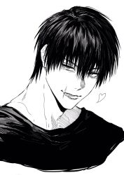  1boy cropped_torso fushiguro_touji heart highres jujutsu_kaisen looking_at_viewer male_focus scar scar_on_face scar_on_lip scar_on_mouth shirt short_hair simple_background solo sso_s tongue tongue_out white_background 