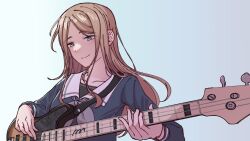  1girl bang_dream! bang_dream!_it's_mygo!!!!! bass_guitar blue_background blue_eyes blue_shirt brown_hair closed_mouth commentary_request gradient_background grey_neckerchief highres instrument long_hair music nagasaki_soyo neckerchief playing_bass_guitar playing_instrument sailor_collar school_uniform shibadooog shirt smile solo tsukinomori_school_uniform upper_body white_sailor_collar 