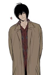 1boy arms_behind_back black_hair brown_coat closed_eyes closed_mouth coat collared_shirt commentary_request facing_viewer fibonacci_sequence_tattoo hair_between_eyes heart highres korean_commentary male_focus nagumo_(sakamoto_days) sakamoto_days shirt short_hair simple_background smile solo sso_s white_background 