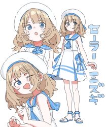  1girl :o ;d absurdres beret blue_eyes blue_sailor_collar blue_sandals blush brown_hair collarbone full_body hat highres idolmaster idolmaster_million_live! looking_to_the_side medium_hair meeeeeeco359 one_eye_closed sailor_collar sailor_swimsuit_(idolmaster) sandals simple_background smile suou_momoko upper_body wavy_hair white_background 
