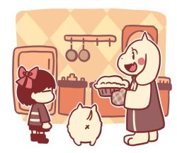  1girl 1other 2016 2d ambiguous_gender animal animal_ears annoying_dog anthro barefoot boots bow brown_hair counter digital_media dog double_horizontal_stripe droopy_ears fangs female floppy_ears food frisk_(undertale) full_body furry furry_female goat goat_ears goat_girl goat_horns hair_bow holding holding_food horizontal-striped_clothes horns human indoors kitchen mammal monster monster_girl nnbadbear outline oven_mitts pie refrigerator shirt short_hair shorts simple_background standing striped_clothes striped_shirt toriel trio two-tone_shirt undertale utdr_(toby_fox) white_background white_dog white_fur white_horns white_outline 