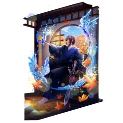  1boy amamiya_ren architecture artist_request autumn_leaves black_hair black_hakama black_pants blue_eyes blue_haori blue_kimono blue_sky check_clothing closed_mouth clothing_request clouds cloudy_sky collarbone day east_asian_architecture falling_leaves full_body game_cg glint hakama hakama_pants hand_up haori hydrokinesis indoors japanese_clothes kimono leaf leg_up legendary_sword_(small_sword)_(tate_no_yuusha_no_nariagari) legendary_sword_(tate_no_yuusha_no_nariagari) light_particles long_sleeves looking_at_object male_focus medium_hair official_art pants sidelocks sitting sky smile socks solo sparkle sword tabi tate_no_yuusha_no_nariagari tate_no_yuusha_no_nariagari_rerise water weapon white_socks wooden_floor 